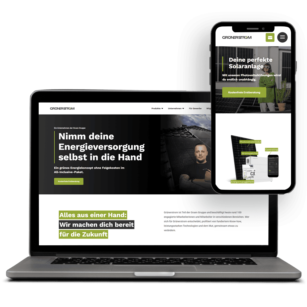Webdesign-Referenz der Firma Grünerstrom – moderne, responsive Website für Desktop und Smartphone, umgesetzt von TRYSEO.